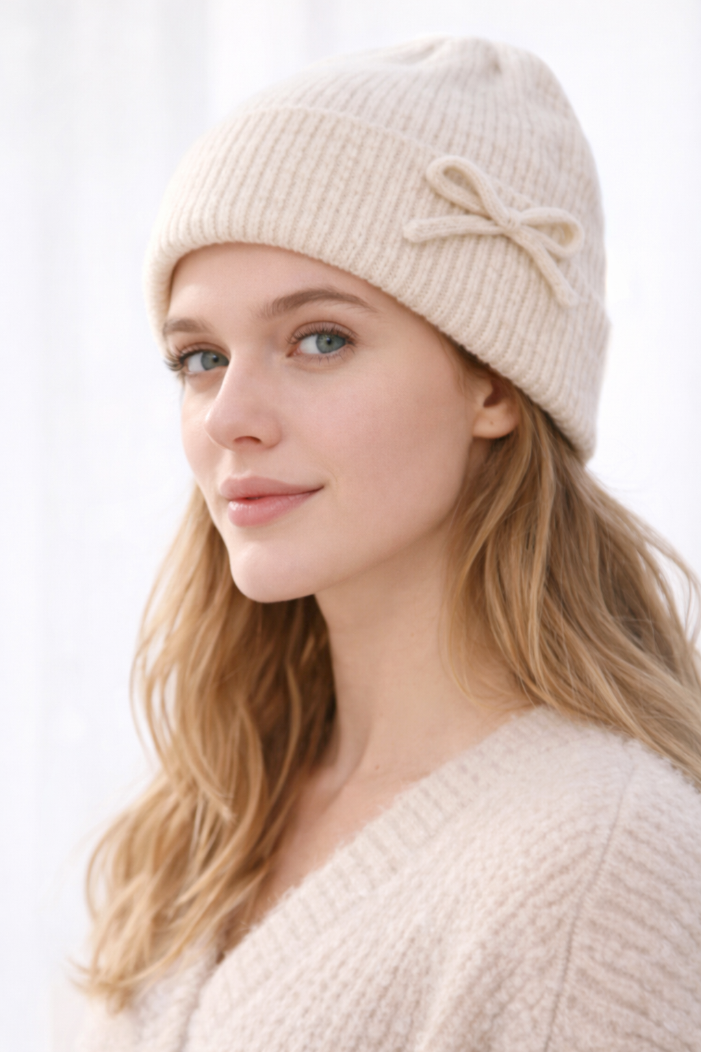 Bonnet femme beige avec nœud