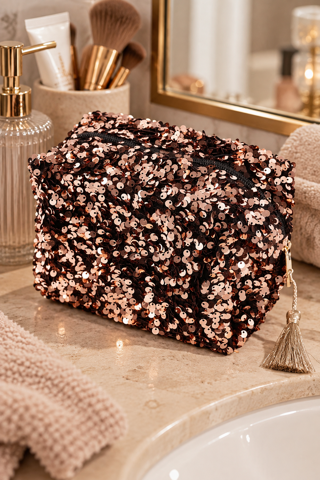 Trousse à maquillage à sequins – Bronze