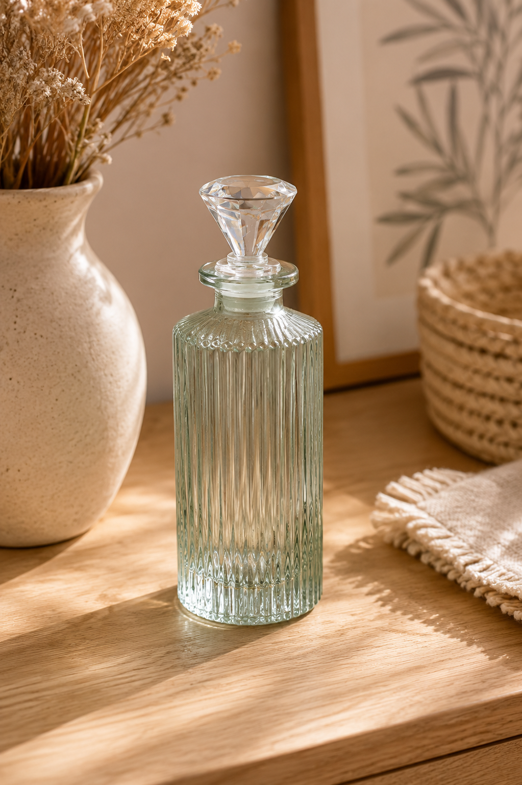 Bouteille décorative en verre strié – Vert sauge – 17 cm
