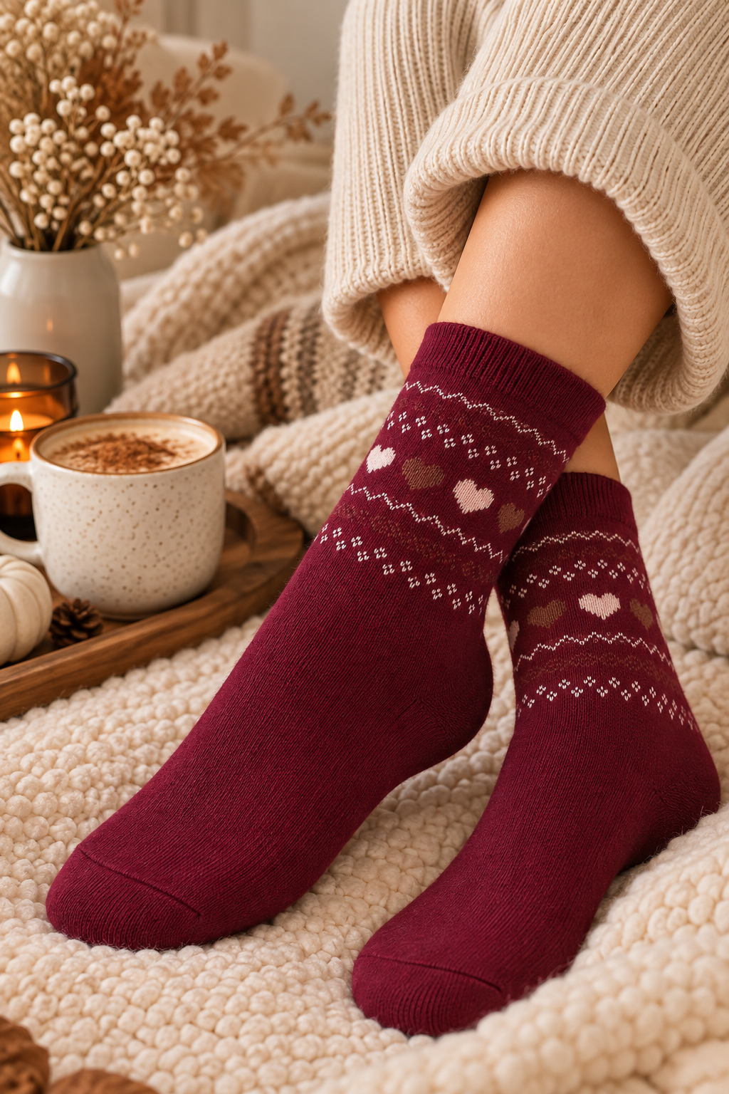 Chaussettes bordeaux à motifs cœurs