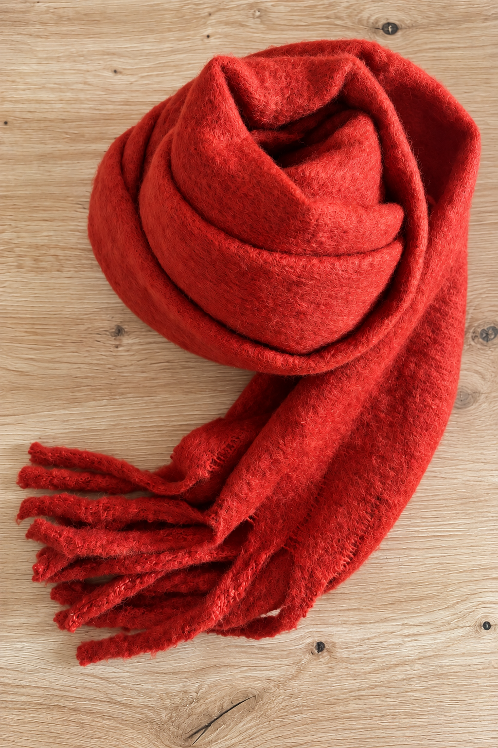 Écharpe rouge brique à franges – Viscose et laine