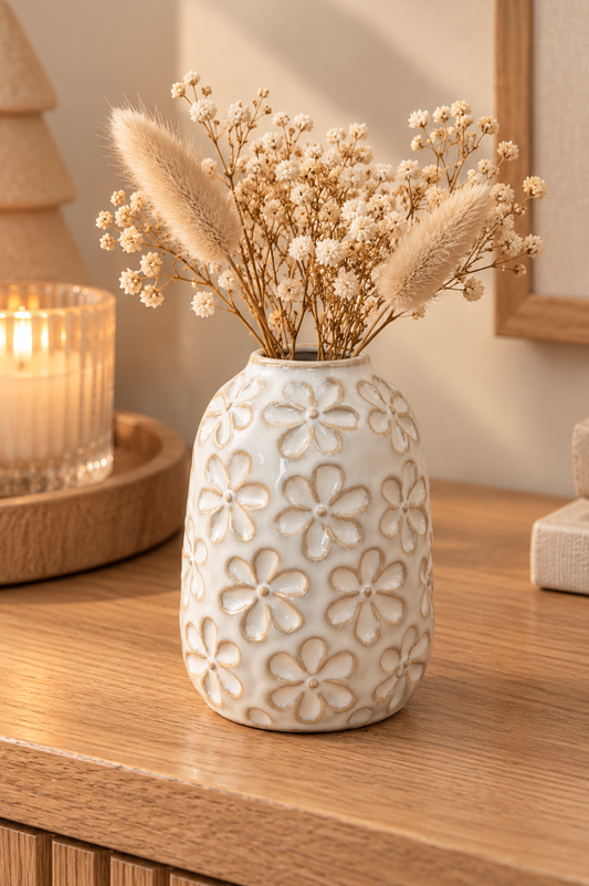 Vase décoratif blanc et beige à motifs floraux – 11,5 cm