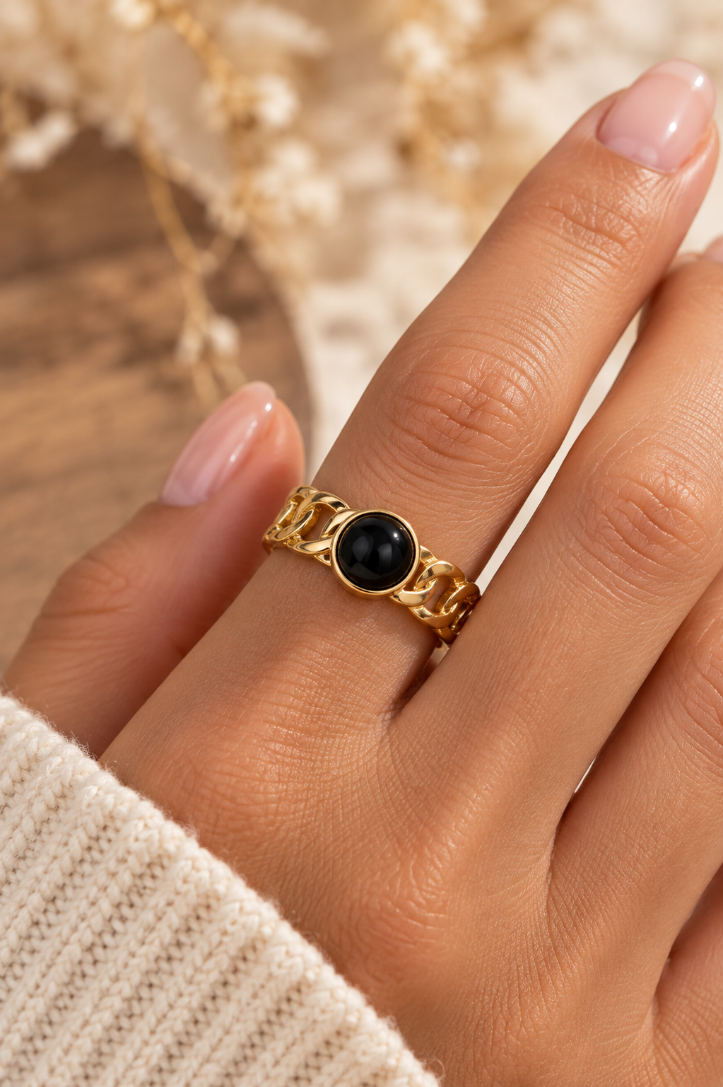 Bague dorée chaîne & pierre