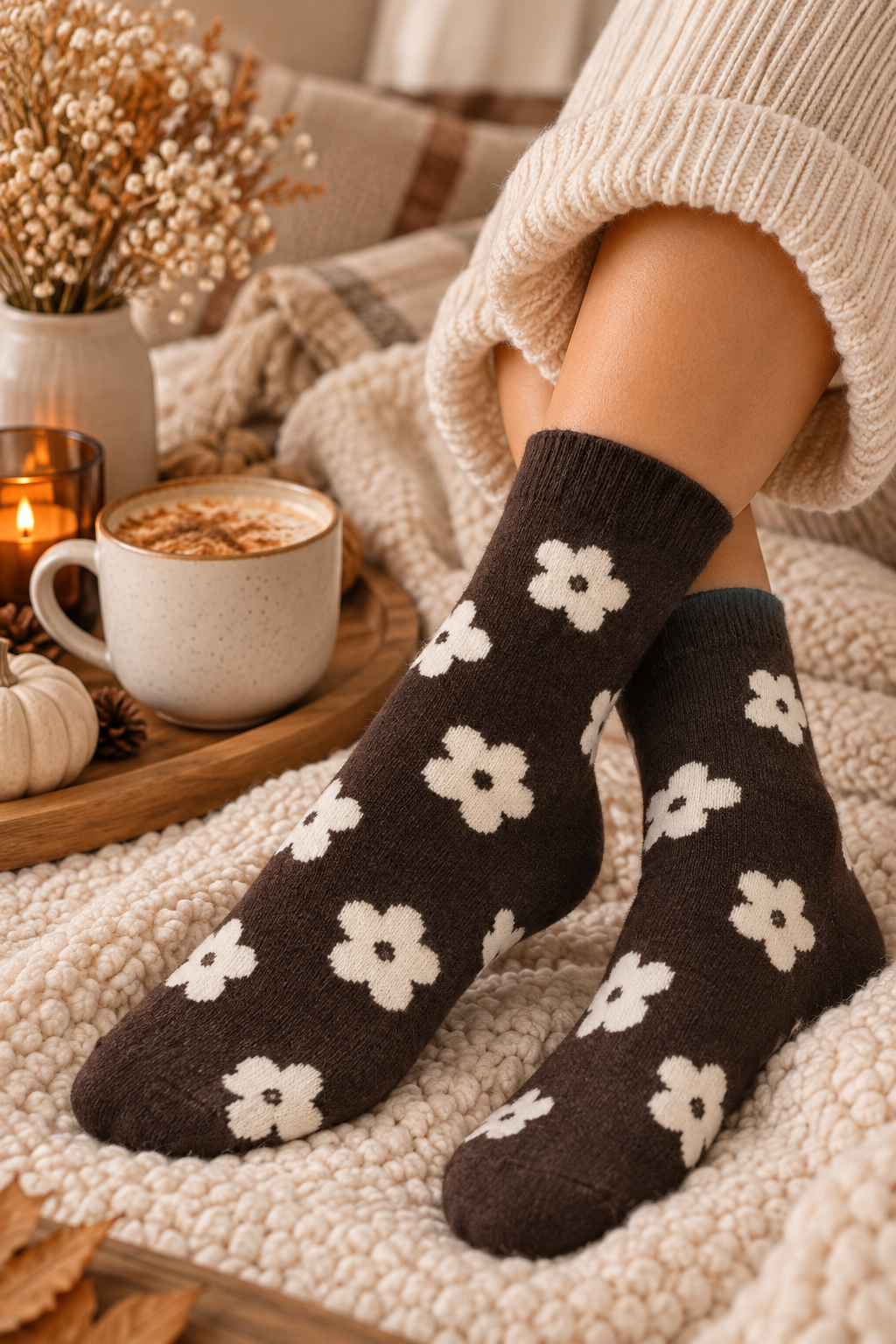Chaussettes à fleurs – Noir & Beige