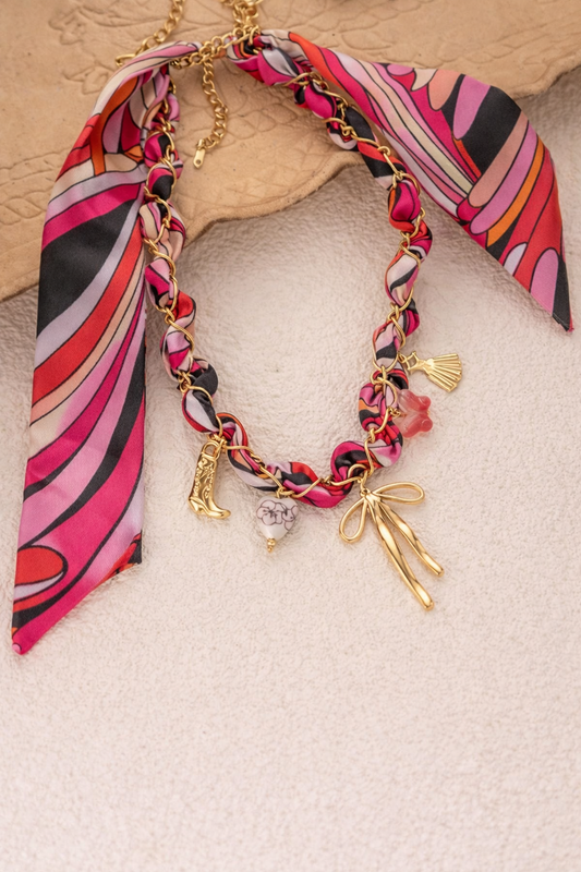 Collier foulard tressé rose