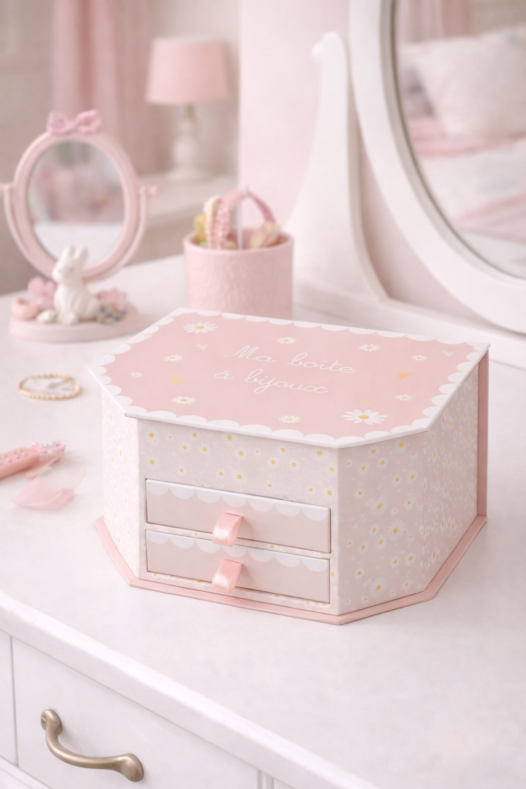 Boîte à bijoux fille rose avec miroir