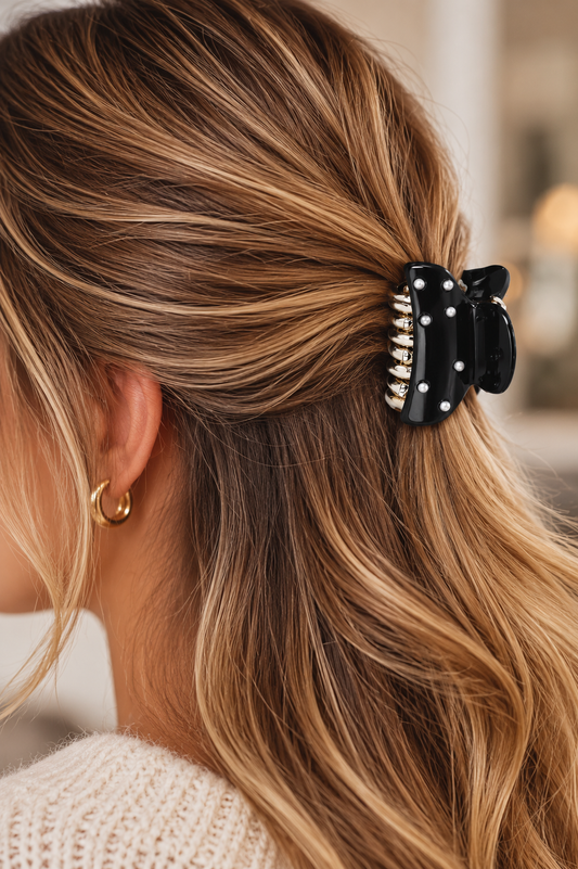 Petite pince à cheveux noire avec perles