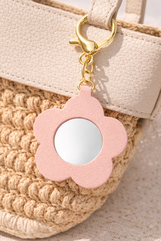Porte-clé miroir fleur rose