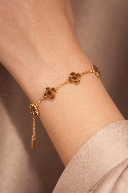 Bracelet trèfle brun en acier inoxydable doré