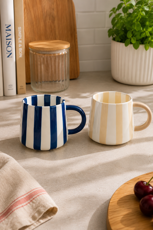 Tasse lignées beige ou bleu