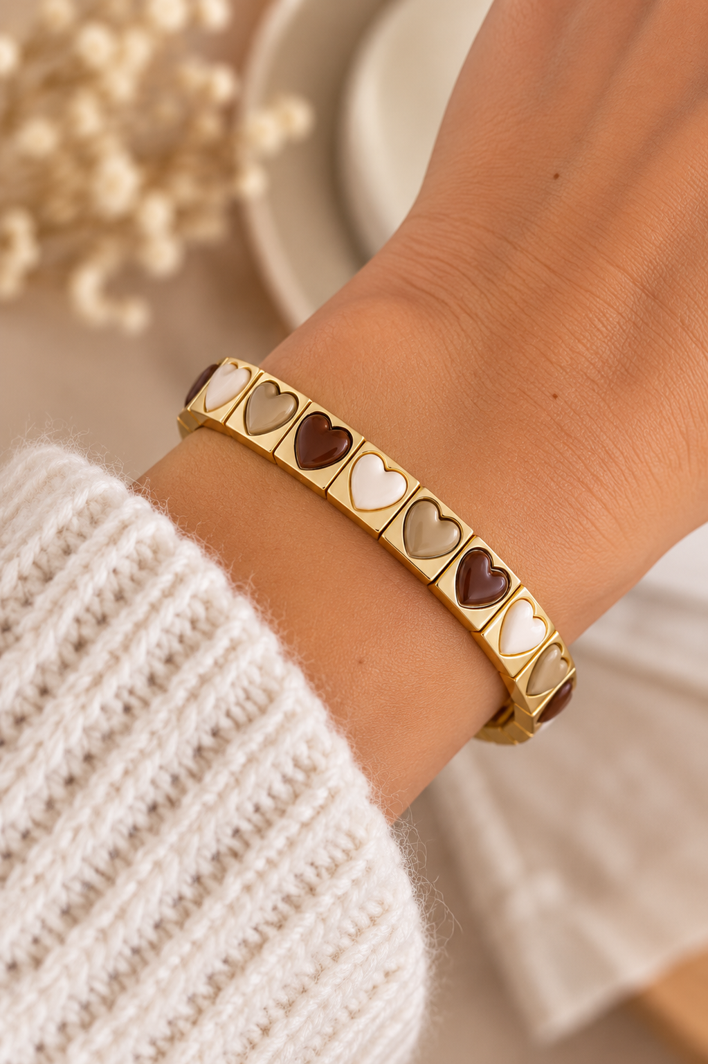 Bracelet Cœurs Chocolat & Beige Doré