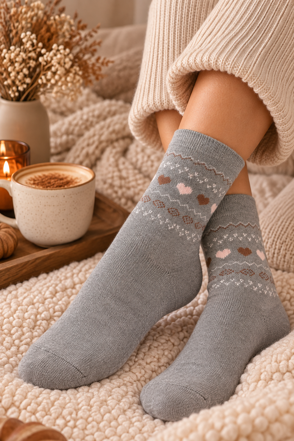 Chaussettes grises à motifs cœurs