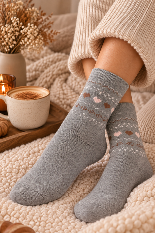 Chaussettes grises à motifs cœurs