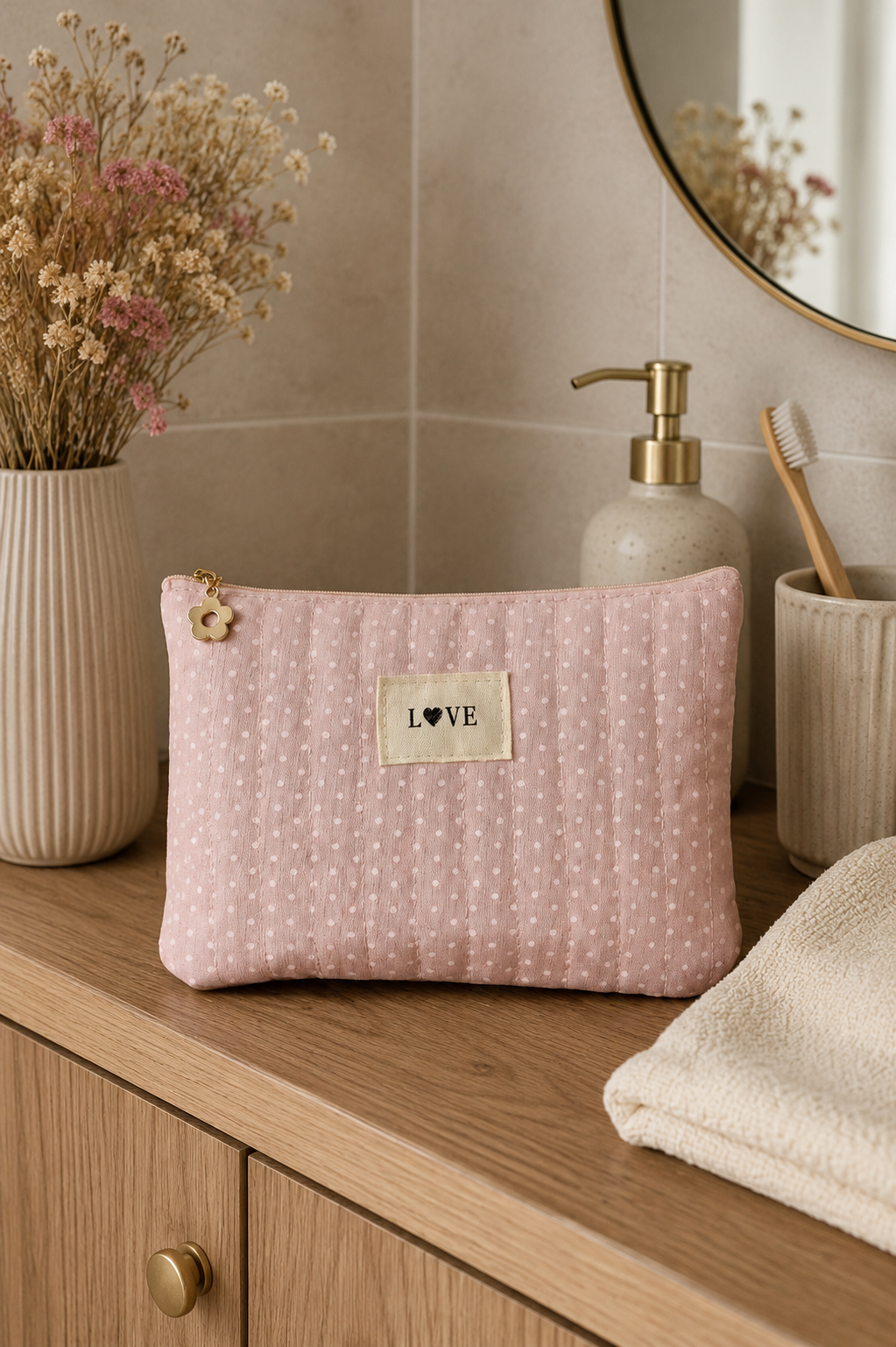 Pochette matelassée rose « pois »