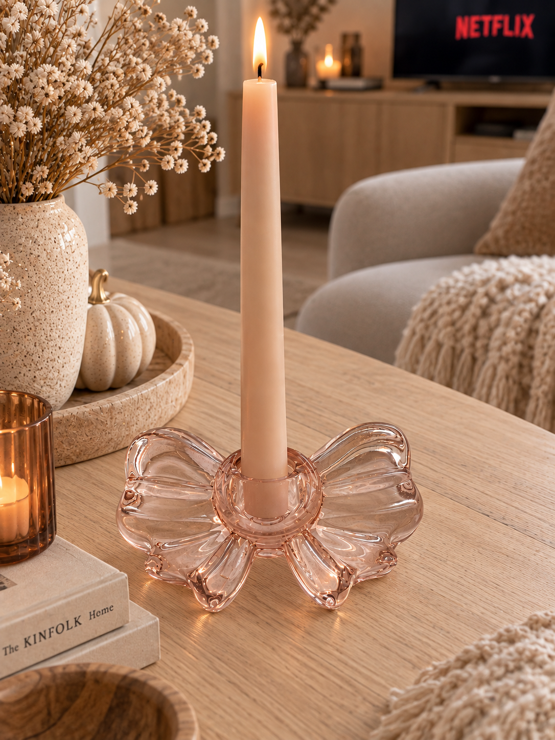 Bougeoir en verre Rose - Nœud