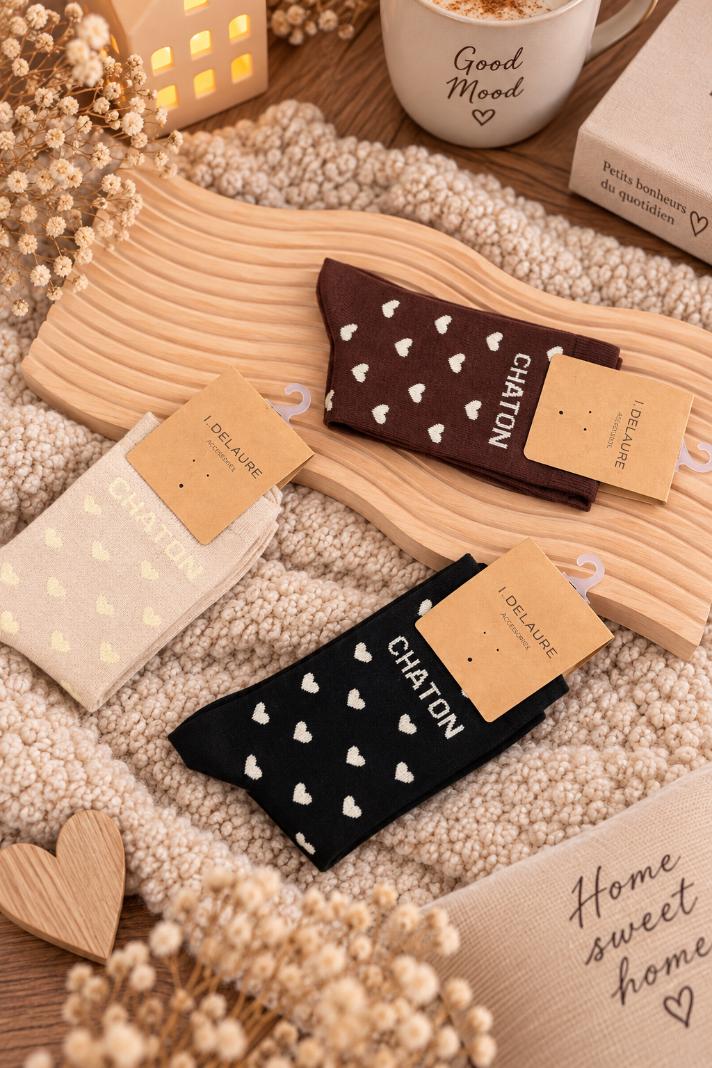 Chaussettes « Chaton cœurs » – 3 coloris