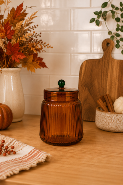 Pot en verre ambré strié avec couvercle – J-Line ( lot de 3 )