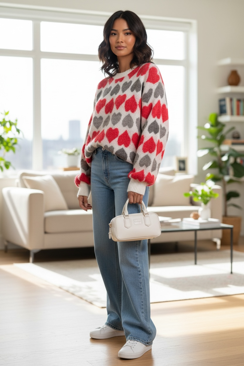 Pull cœur rouge et gris