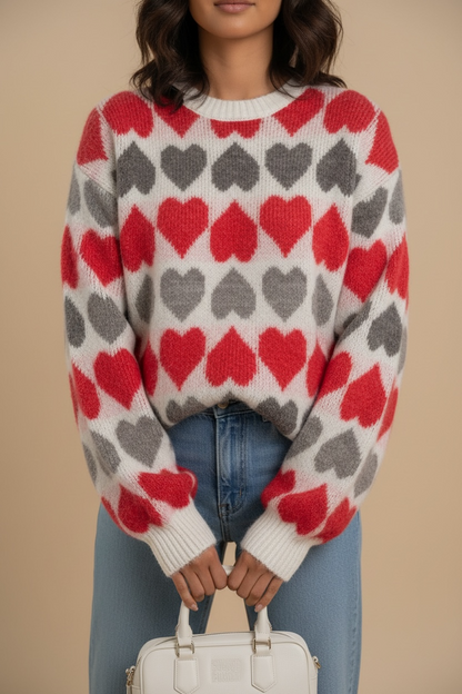 Pull cœur rouge et gris