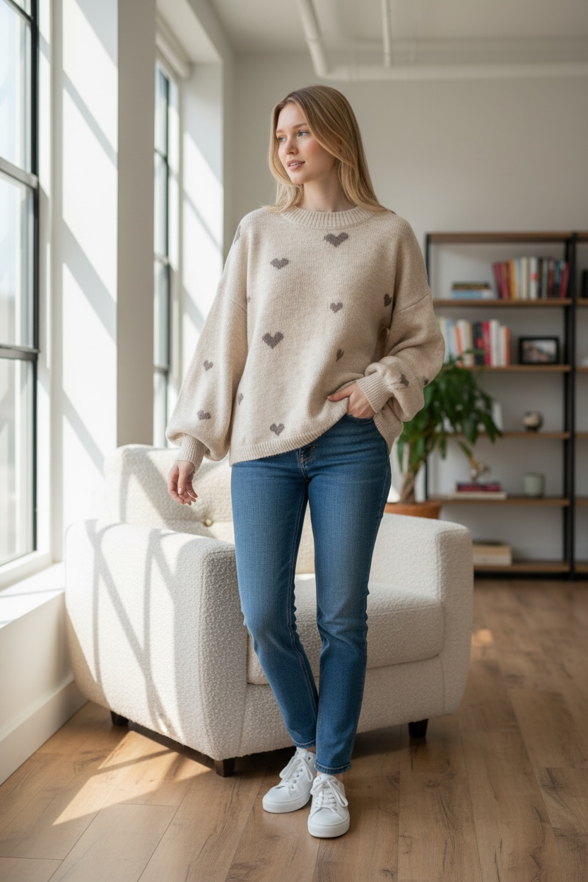 Pull beige à cœur
