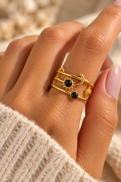Bague dorée multi-rangs – Soleil & Lune