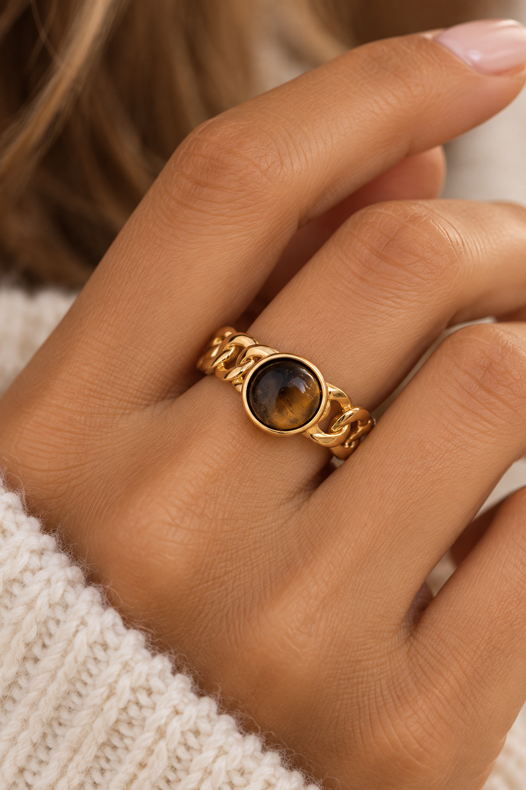 Bague dorée chaîne & pierre