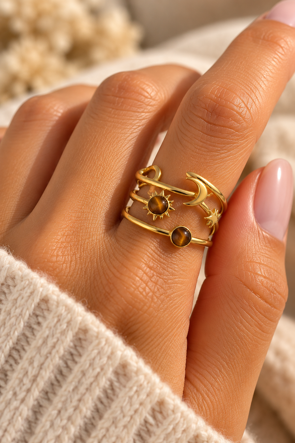Bague dorée multi-rangs – Soleil & Lune