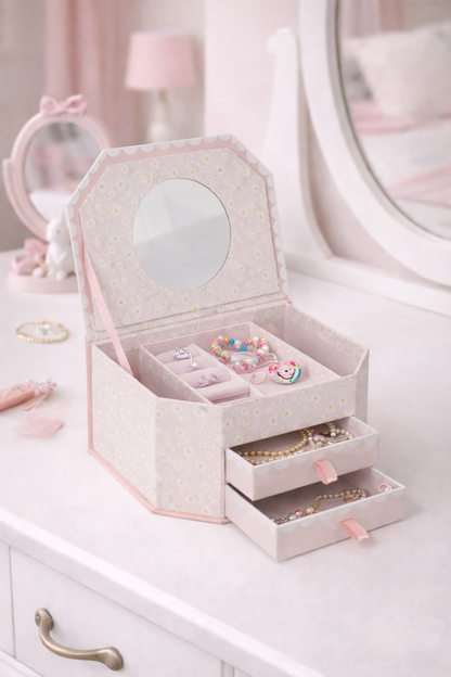 Boîte à bijoux fille rose avec miroir