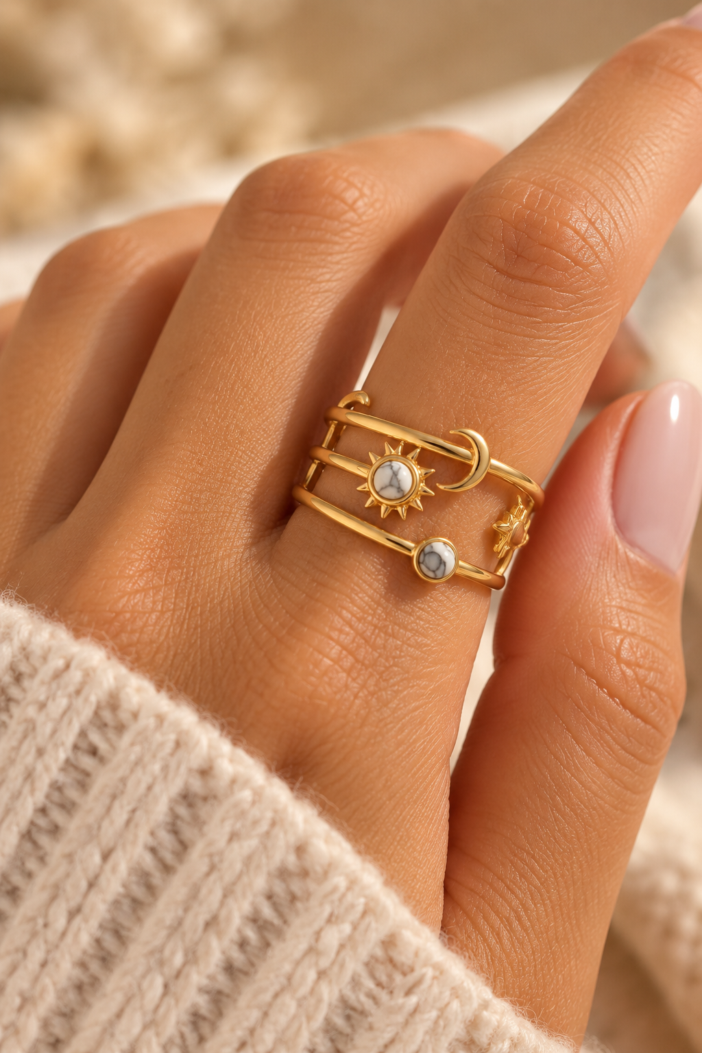 Bague dorée multi-rangs – Soleil & Lune