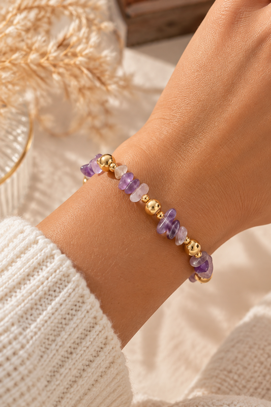 Bracelet pierres naturelles violettes et doré