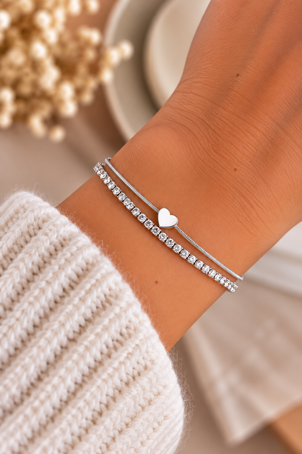Bracelet Double Rang Argenté – Cœur & Strass