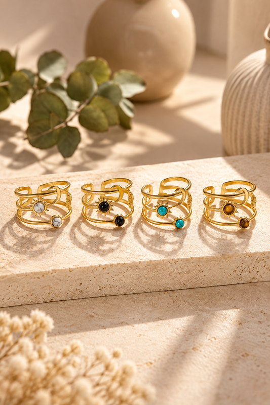 Bague dorée multi-rangs – Soleil & Lune