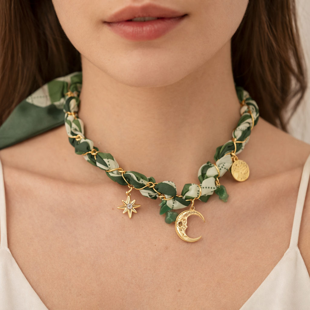Collier foulard tressé vert