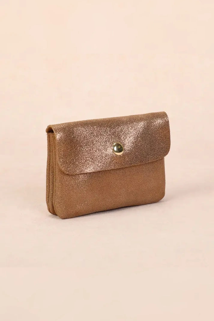 Pochette en cuir camel pailleté