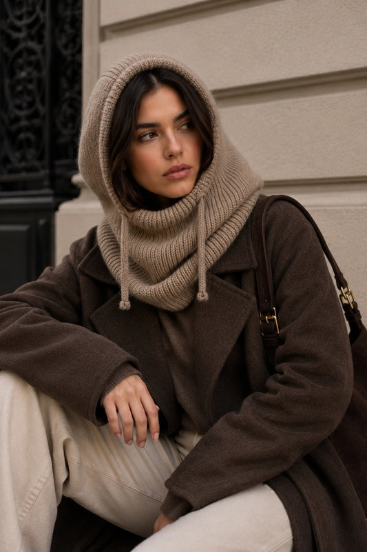 Écharpe cagoule en maille taupe
