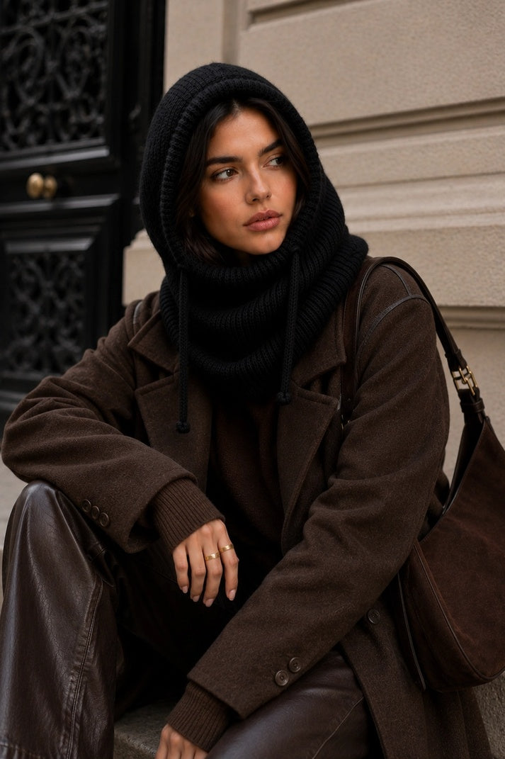 Écharpe cagoule en maille noire