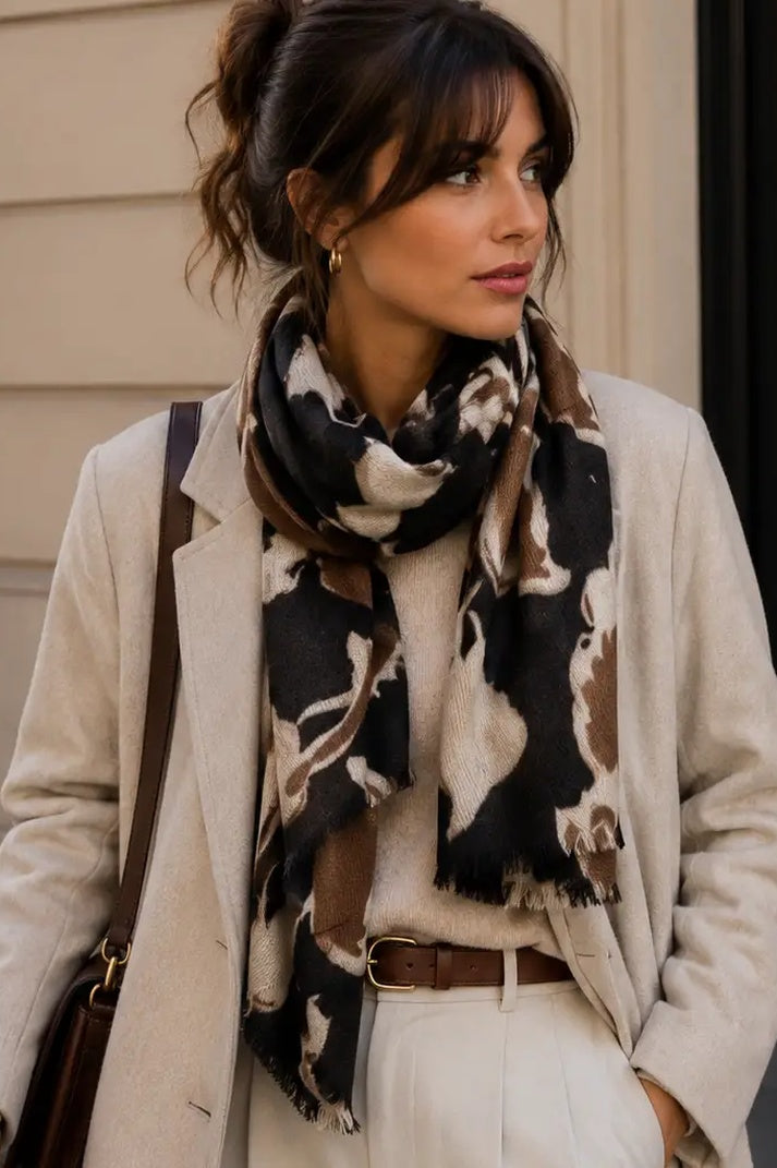 Echarpe imprimé noir, beige et marron