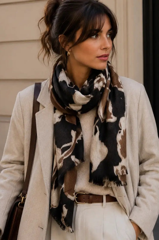 Echarpe imprimé noir, beige et marron